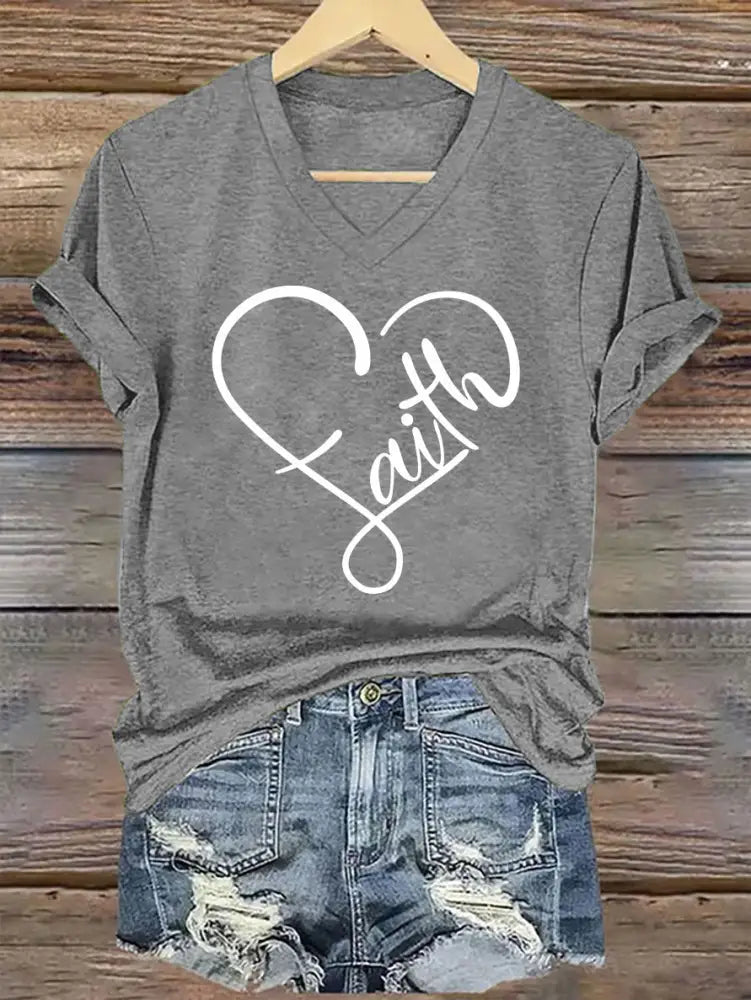 Women’s Faith Love Heart Casual Classic V-Neck Tee Light Gray / S
