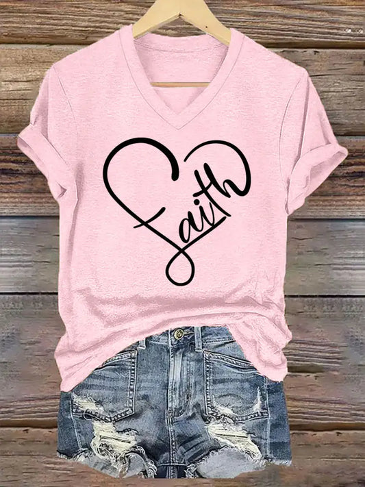 Women’s Faith Love Heart Casual Classic V-Neck Tee Light Pink / S
