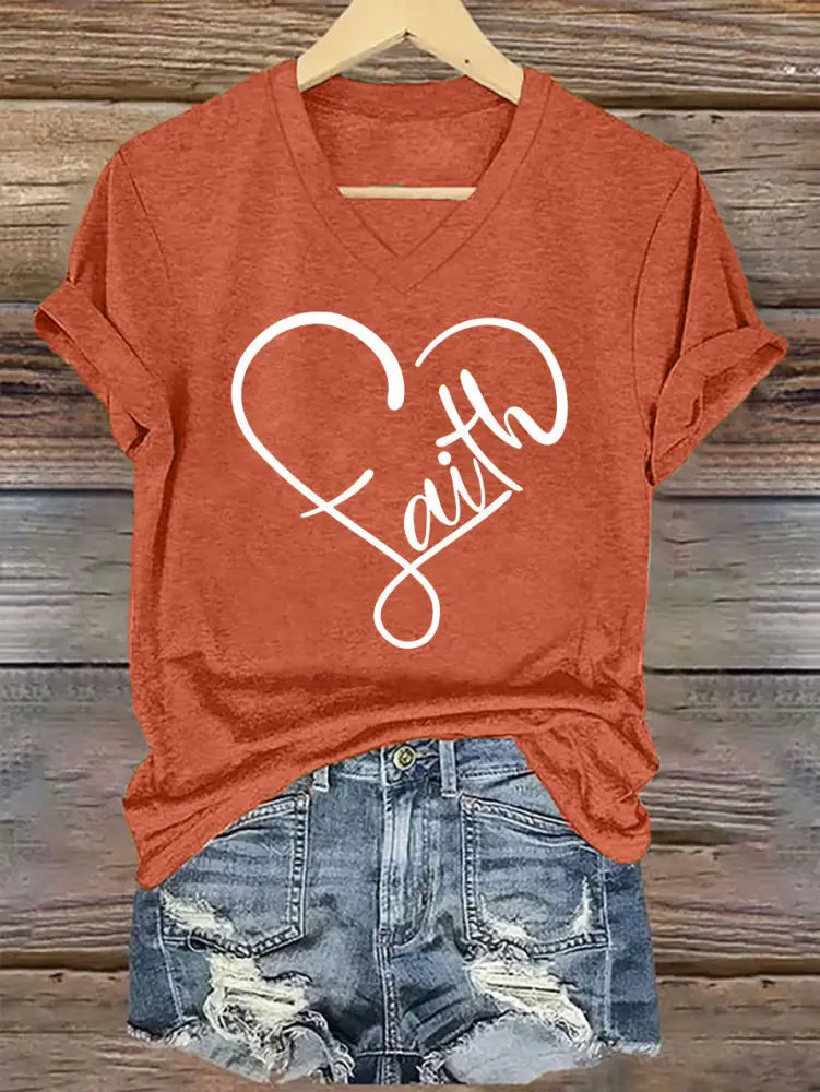 Women’s Faith Love Heart Casual Classic V-Neck Tee Pumpkin Orange / S