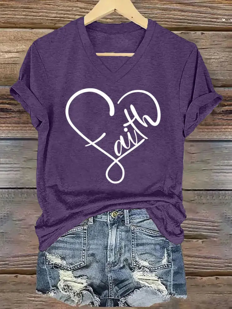 Women’s Faith Love Heart Casual Classic V-Neck Tee Purple / S