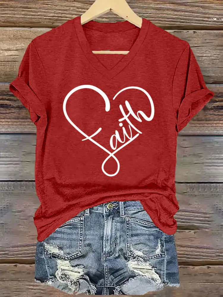 Women’s Faith Love Heart Casual Classic V-Neck Tee Red / S