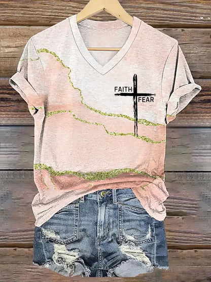 Women’s Faith Over Fear Cross Faith Art Print Casual V-Neck Tee Orange / S