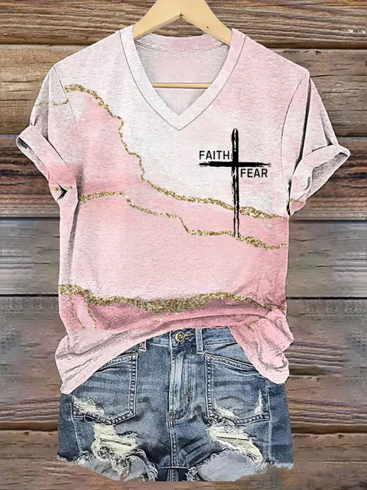 Women’s Faith Over Fear Cross Faith Art Print Casual V-Neck Tee Pink / S