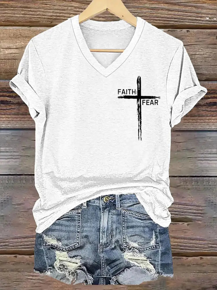 Women’s Faith Over Fear Cross Faith Art Print Casual V-Neck Tee White / S