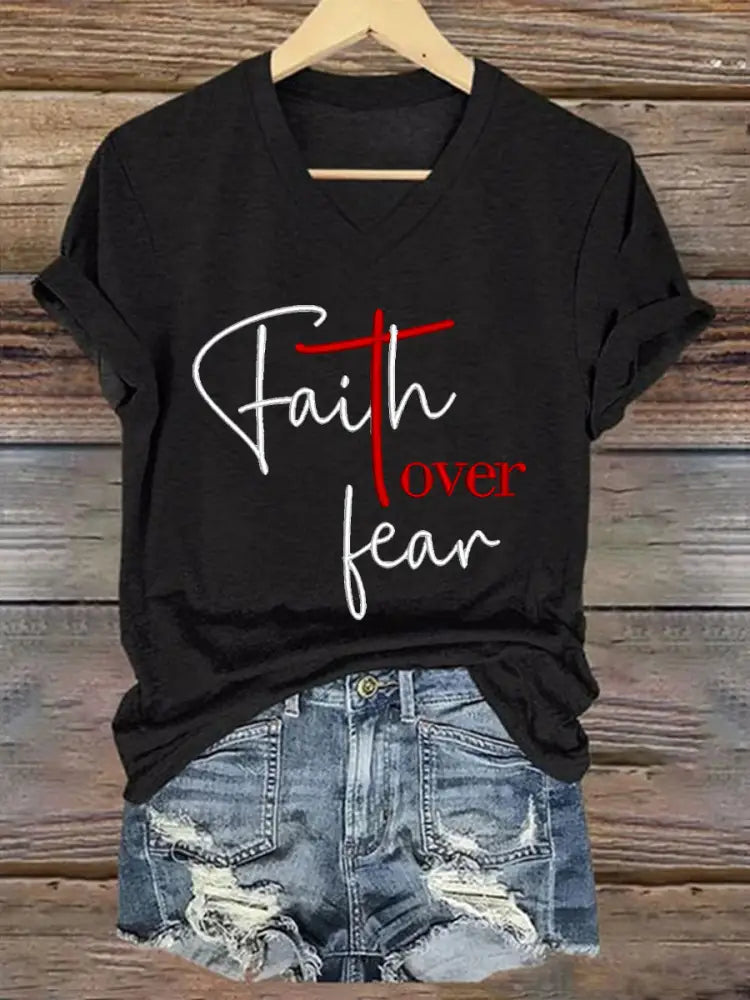 Women’s Fear Over Fear Cross Printed Casual Short Sleeve T-Shirt Black / S