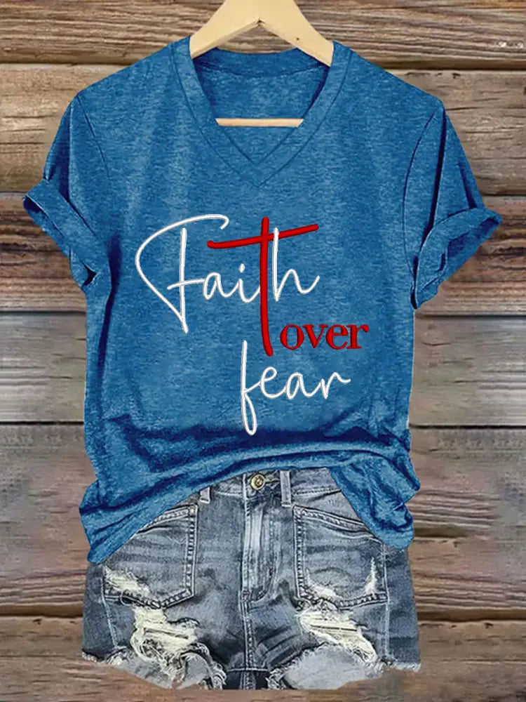 Women’s Fear Over Fear Cross Printed Casual Short Sleeve T-Shirt Blue / S
