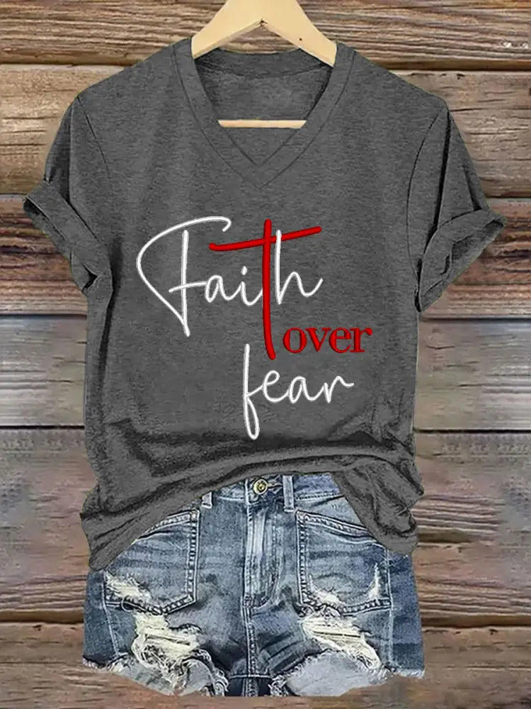 Women’s Fear Over Fear Cross Printed Casual Short Sleeve T-Shirt Dark Gray / S