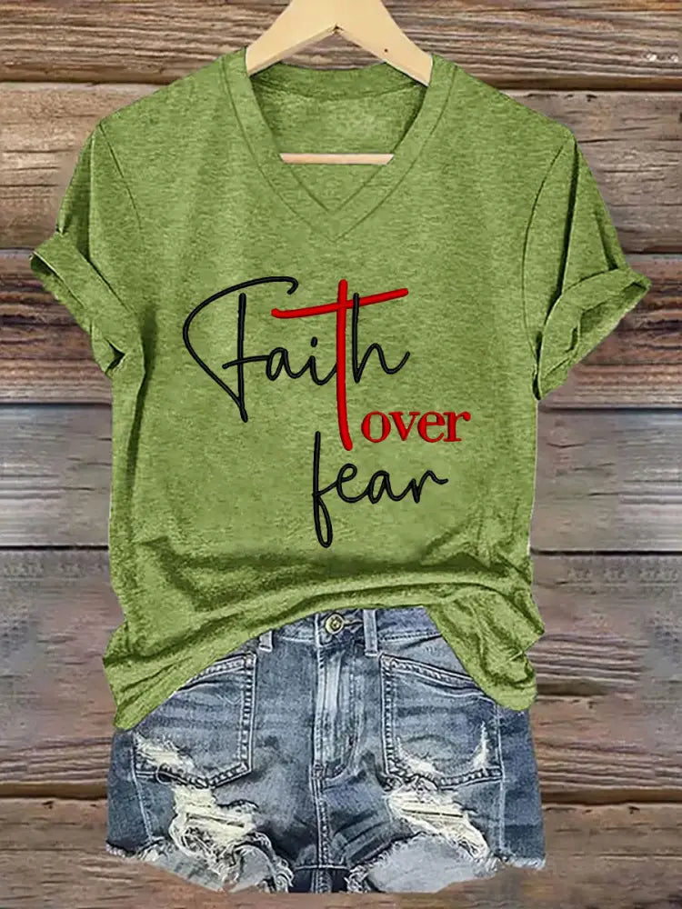 Women’s Fear Over Fear Cross Printed Casual Short Sleeve T-Shirt Green / S