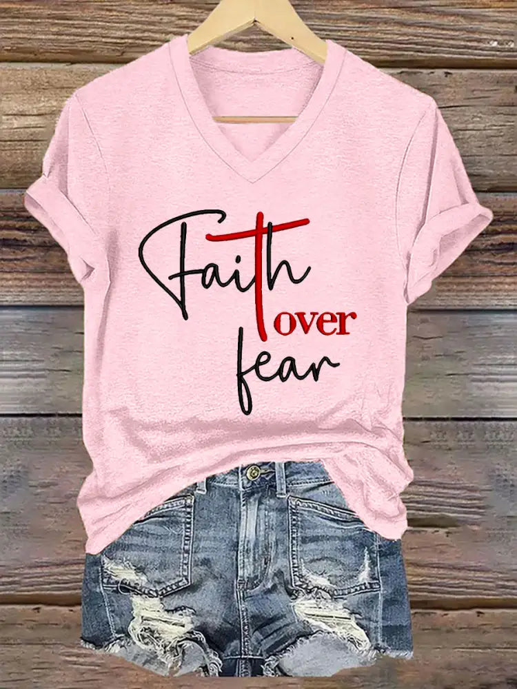 Women’s Fear Over Fear Cross Printed Casual Short Sleeve T-Shirt Light Pink / S