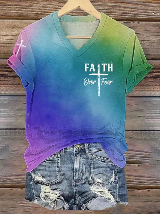 Women’s Fear Over Fear Cross Printed Casual Short Sleeve T-Shirt Picture 1 / S