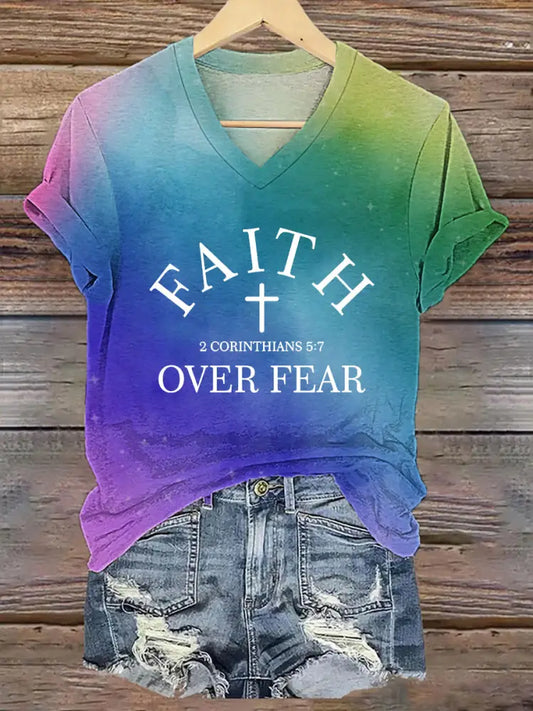 Women’s Fear Over Fear Cross Printed Casual Short Sleeve T-Shirt Picture 1 / S