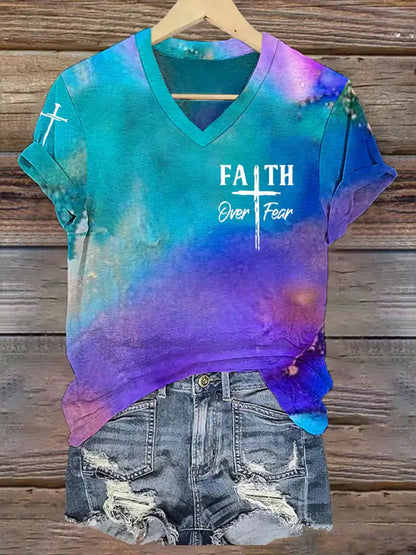 Women’s Fear Over Fear Cross Printed Casual Short Sleeve T-Shirt Picture 2 / S