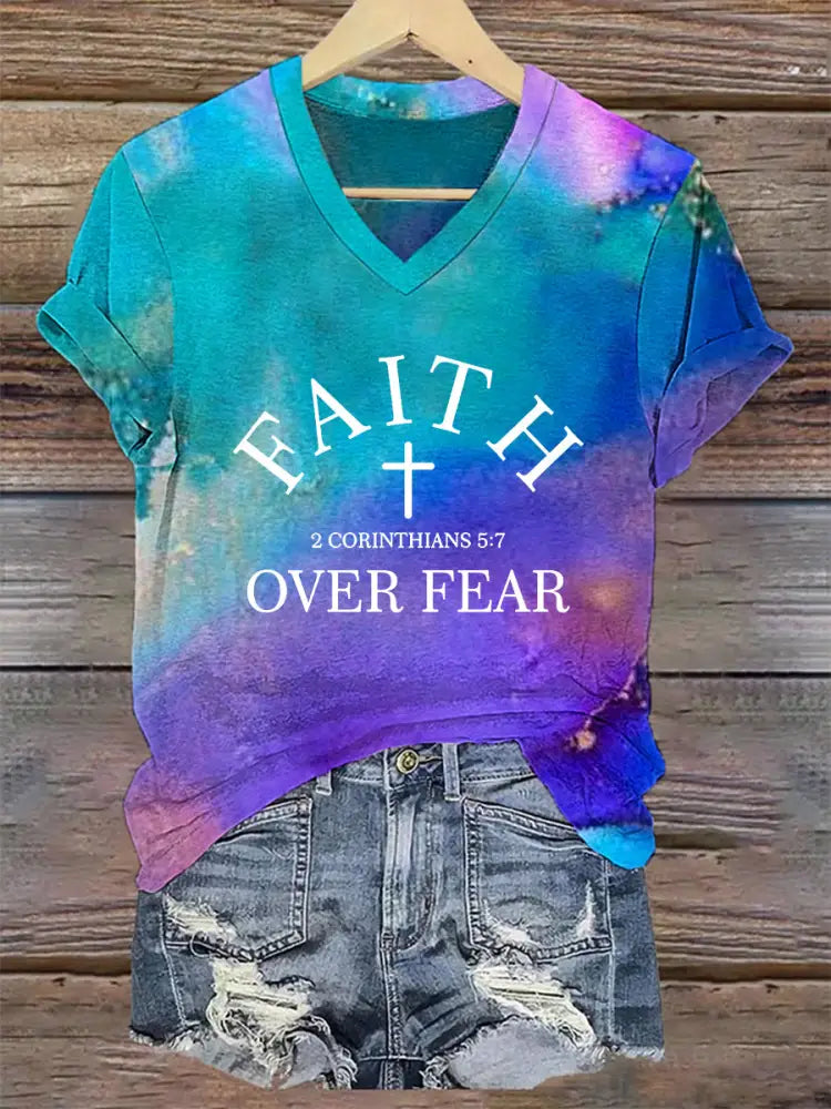 Women’s Fear Over Fear Cross Printed Casual Short Sleeve T-Shirt Picture 2 / S