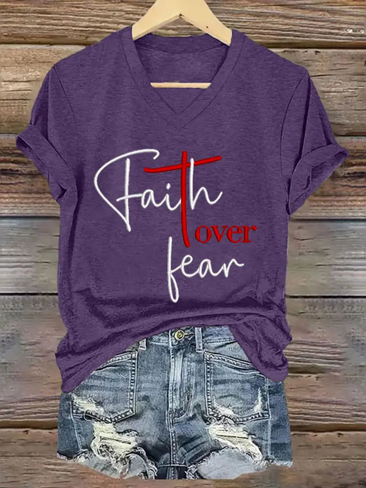 Women’s Fear Over Fear Cross Printed Casual Short Sleeve T-Shirt Purple / S