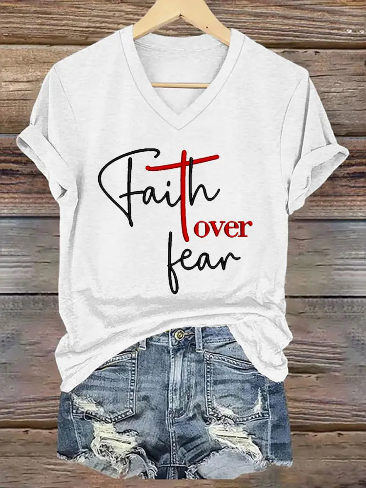 Women’s Fear Over Fear Cross Printed Casual Short Sleeve T-Shirt White / S