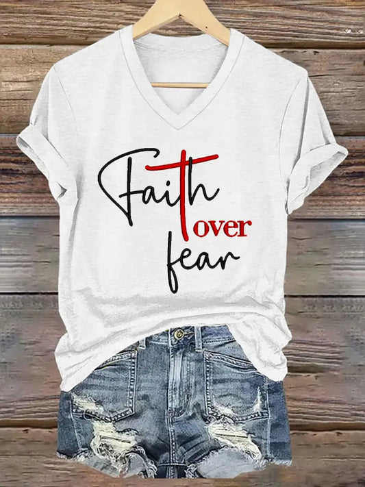 Women’s Fear Over Fear Cross Printed Casual Short Sleeve T-Shirt White / S
