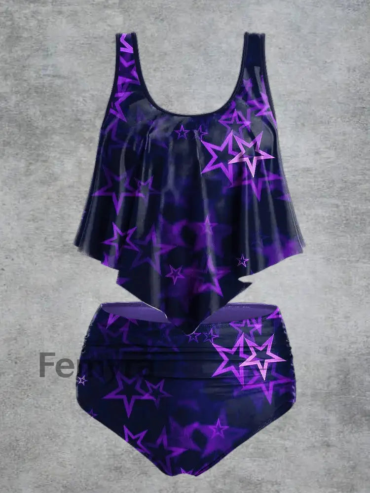 Women’s Five-Pointed Star Print High Waist Casual Swimsuit Two Piece Set Black / S