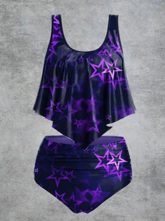 Women’s Five-Pointed Star Print High Waist Casual Swimsuit Two Piece Set Black / S