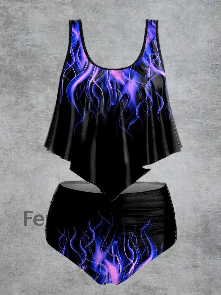 Women’s Flame Print High Waist Casual Swimsuit Two Piece Set Black / S