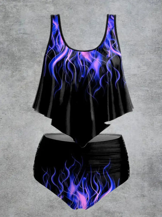 Women’s Flame Print High Waist Casual Swimsuit Two Piece Set Black / S