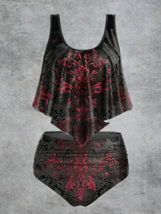 Women’s Floral Print High Waist Casual Swimsuit Two Piece Set Black-Red / S