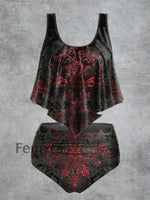 Women’s Floral Print High Waist Casual Swimsuit Two Piece Set Black-Red / S