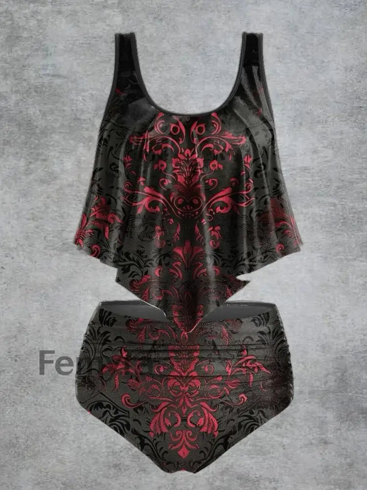 Women’s Floral Print High Waist Casual Swimsuit Two Piece Set Black-Red / S