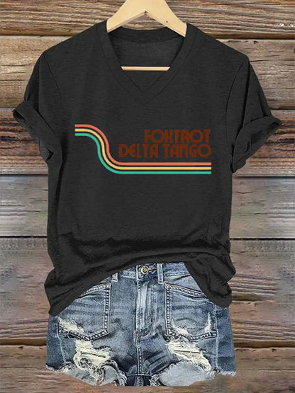 Women’s Foxtrot Delta Tango Print V-Neck T-Shirt Black / S