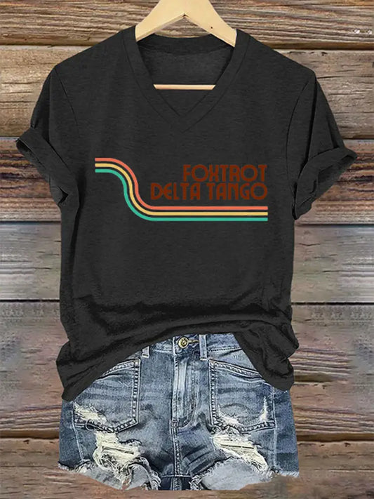Women’s Foxtrot Delta Tango Print V-Neck T-Shirt Black / S