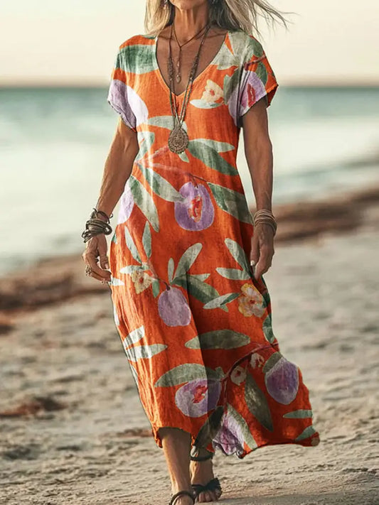 Women’s Fruit Art Print Cotton Linen V-Neck Short Sleeve Dress Jacinth / S