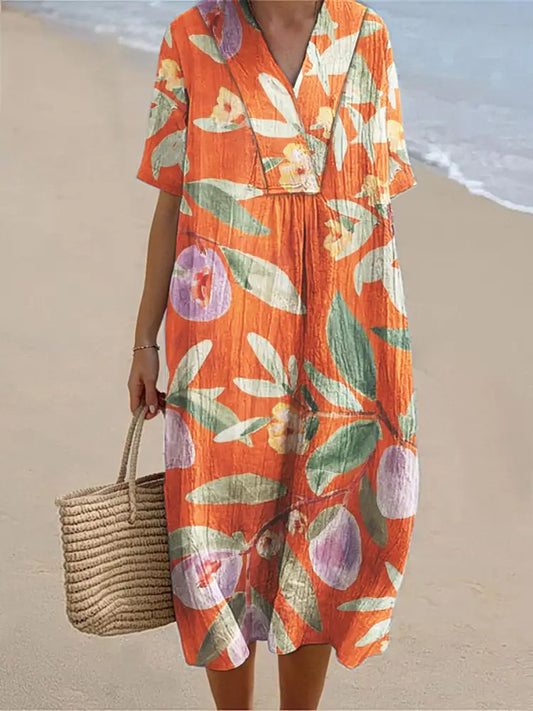 Women’s Fruit Art Print Cotton Linen V-Neck Short Sleeve Dress Jacinth / S