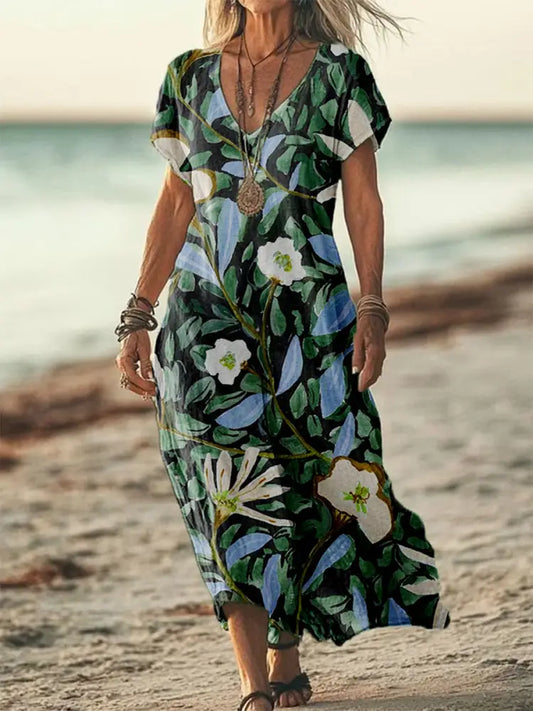 Women’s Green Hand-Painted Floral Print 3/4 Sleeve V-Neck Cotton Linen Dress Green / S