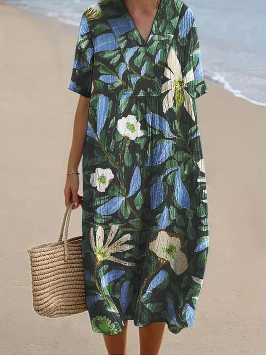 Women’s Green Hand-Painted Floral Print Short Sleeve V-Neck Cotton Linen Dress Green / S