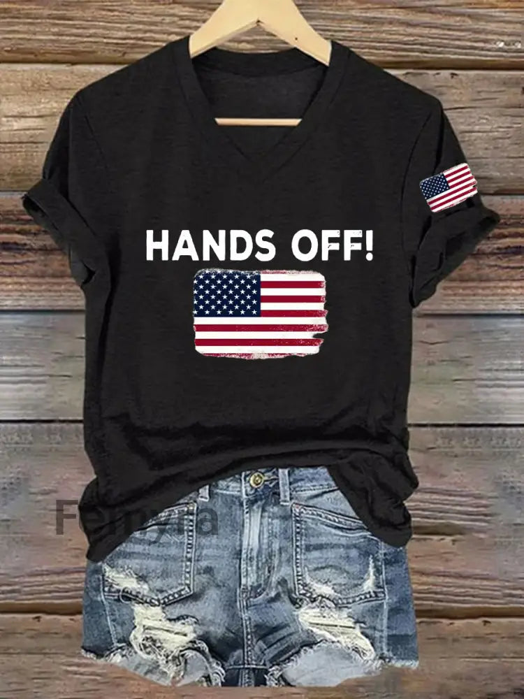 Women’s Hands Off America Flag Printed Short Sleeve T-Shirt Black / S