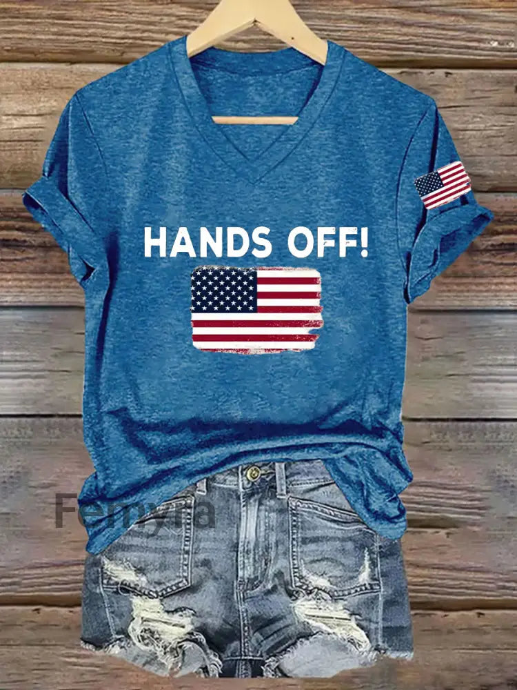 Women’s Hands Off America Flag Printed Short Sleeve T-Shirt Blue / S