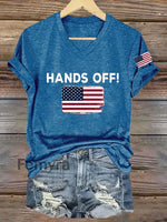 Women’s Hands Off America Flag Printed Short Sleeve T-Shirt Blue / S