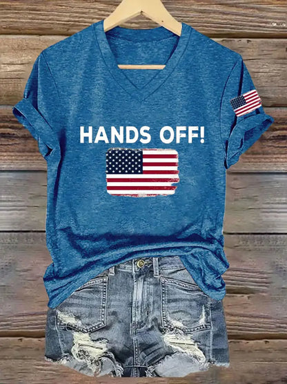 Women’s Hands Off America Flag Printed Short Sleeve T-Shirt Blue / S