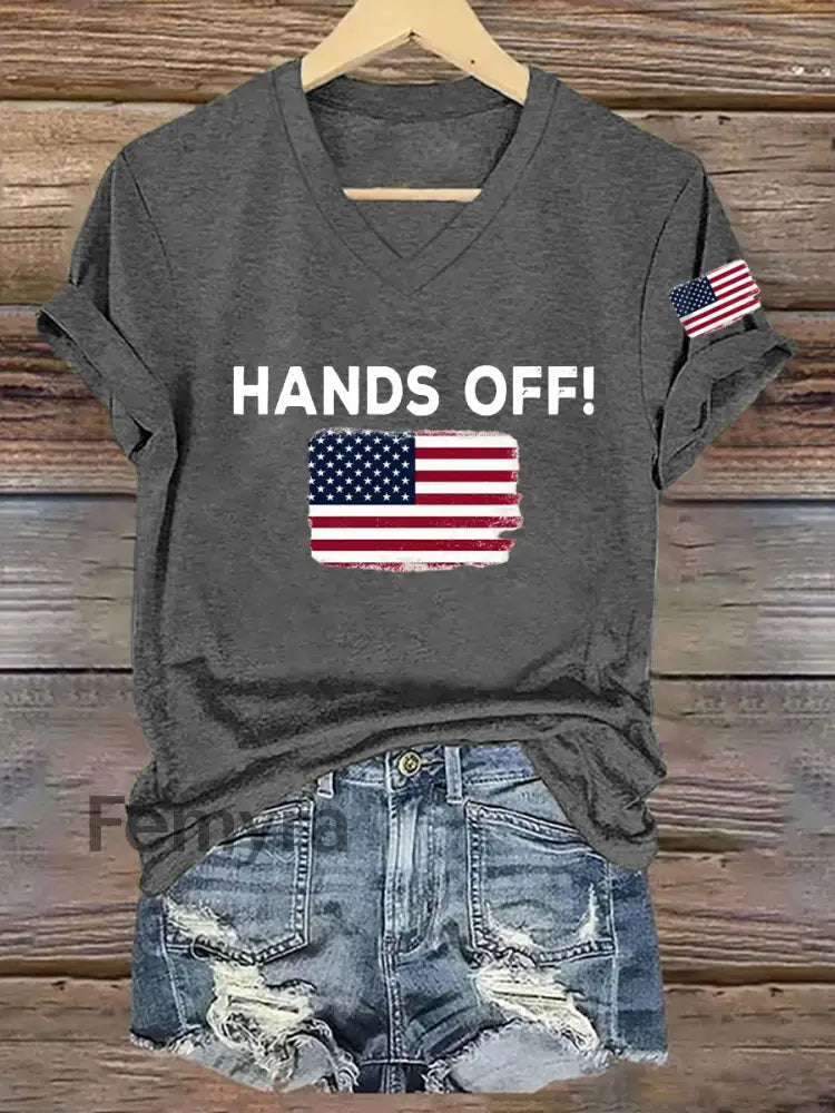Women’s Hands Off America Flag Printed Short Sleeve T-Shirt Dark Gray / S