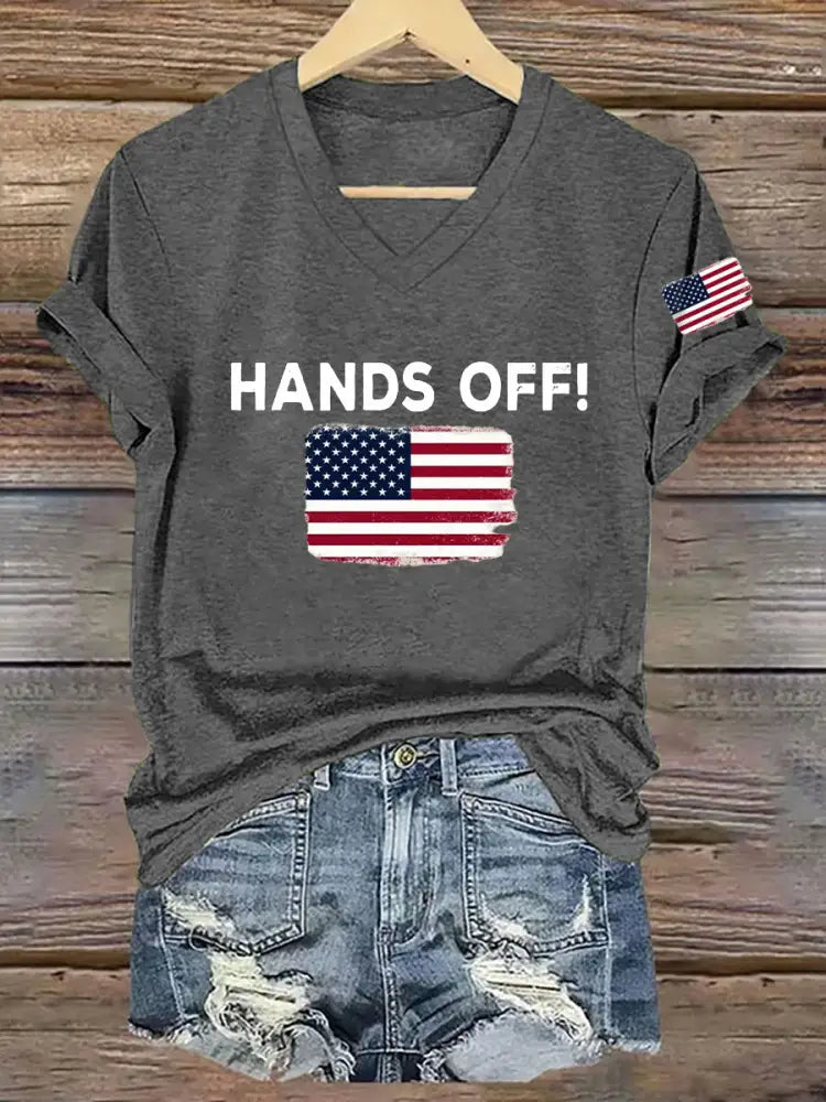 Women’s Hands Off America Flag Printed Short Sleeve T-Shirt Dark Gray / S