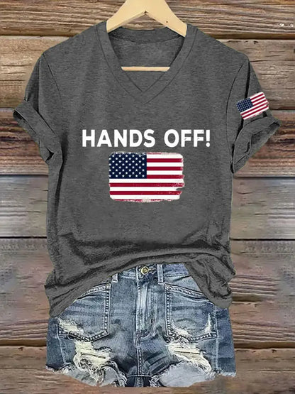 Women’s Hands Off America Flag Printed Short Sleeve T-Shirt Dark Gray / S