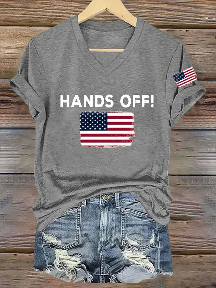 Women’s Hands Off America Flag Printed Short Sleeve T-Shirt Light Gray / S