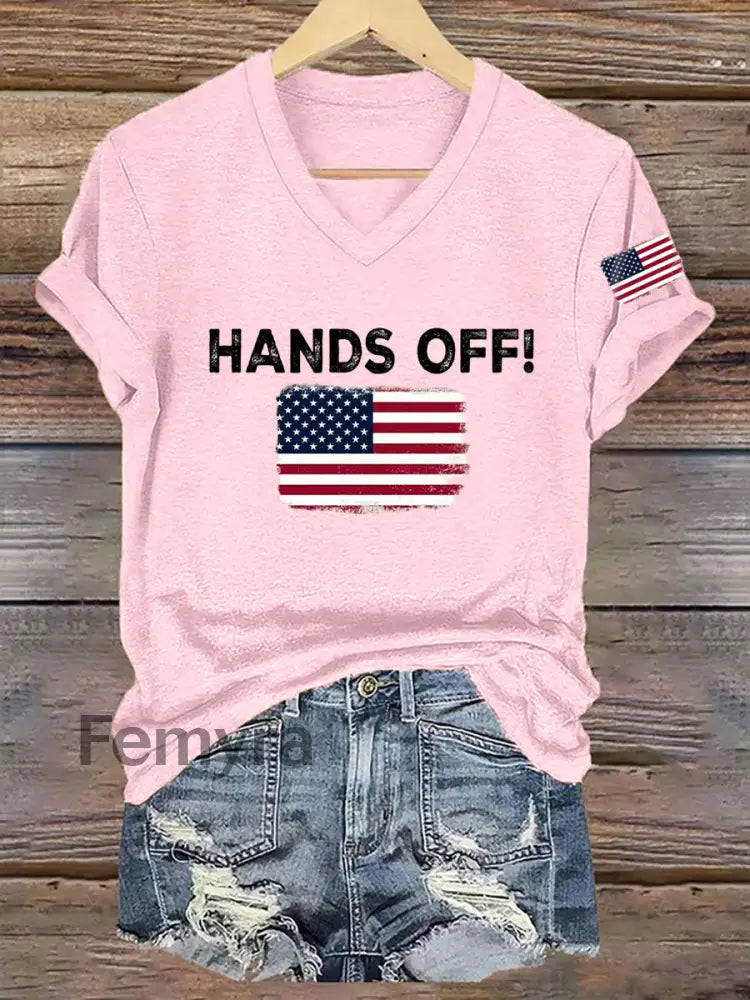Women’s Hands Off America Flag Printed Short Sleeve T-Shirt Light Pink / S