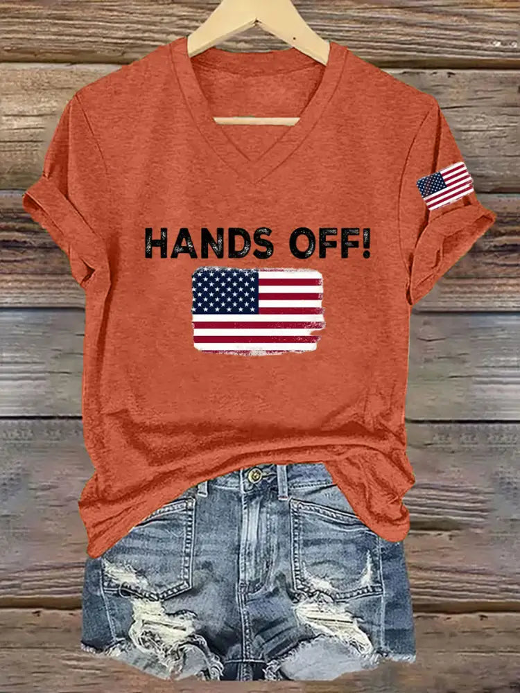 Women’s Hands Off America Flag Printed Short Sleeve T-Shirt Pumpkin Orange / S