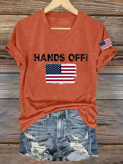 Women’s Hands Off America Flag Printed Short Sleeve T-Shirt Pumpkin Orange / S