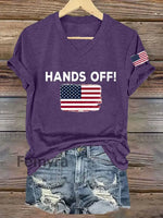 Women’s Hands Off America Flag Printed Short Sleeve T-Shirt Purple / S
