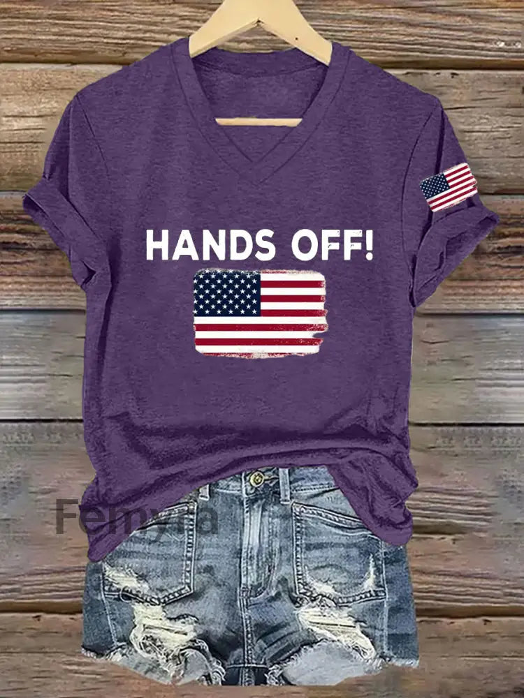 Women’s Hands Off America Flag Printed Short Sleeve T-Shirt Purple / S