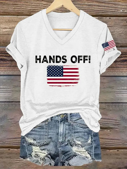 Women’s Hands Off America Flag Printed Short Sleeve T-Shirt White / S