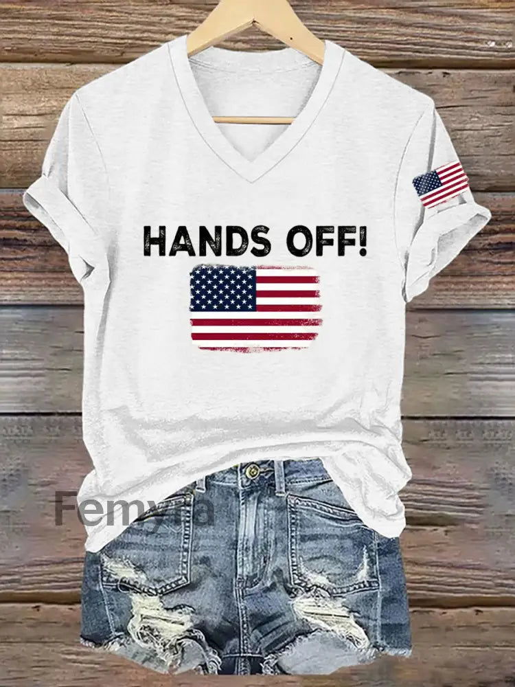 Women’s Hands Off America Flag Printed Short Sleeve T-Shirt White / S