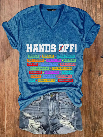 Women’s Hands Off My Social Security V Neck T-Shirt Blue / S