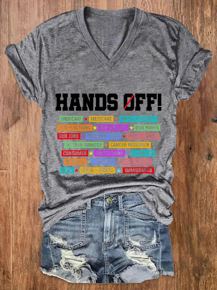 Women’s Hands Off My Social Security V Neck T-Shirt Light Gray / S